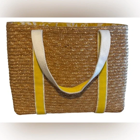 Sunny Hawaii Straw Tote Bag with Yellow Trim and Cream Handles - Picture 2 of 10